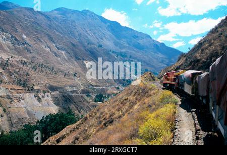 Eisenbahn „Ferrocarril Central“ zwischen Lima und Huancayo, Eisenbahn zwischen und, die höchste der Welt, die höchste Eisenbahn der Welt, anden, Peru Stockfoto