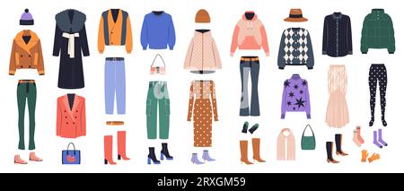 Große Winterkleidung für Frauen. Flache Vektorgrafiken Stock Vektor