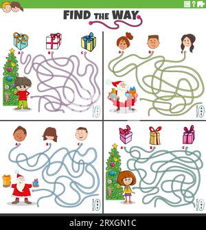 Comic-Illustration von Find the Way Labyrinth Puzzle-Spiele mit Weihnachtsmann auf Weihnachten mit Kindern Stock Vektor