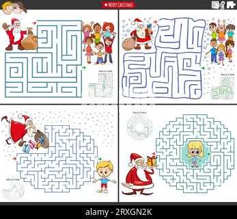 Karikaturillustration der pädagogischen Labyrinth-Puzzle-Aktivitäten mit dem Weihnachtsmann zu Weihnachten mit Kindern Stock Vektor