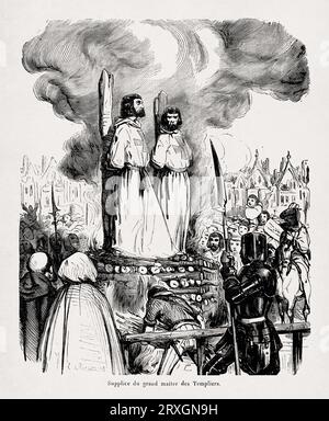 Illustration mit dem Titel „The Folter of the Grand Master of the templars“, produziert von Edouard de Beaumont und veröffentlicht 1863 für The Dictionnaire inf Stockfoto