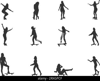 Frau Skateboarder Silhouette, Skate Silhouette, Mädchen Skateboard Silhouetten, Skateboard Vektor, Frau Skateboard Silhouetten, Skateboarding-Paket Stock Vektor