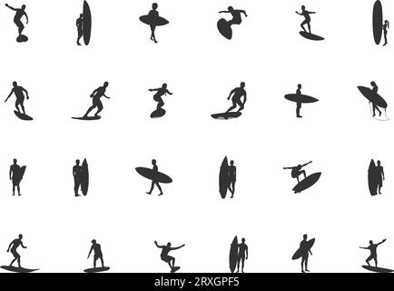 Surfsilhouette, Surfsilhouette, Surfsilhouette, Surfvektor, Surfer Svg, Frauen, die Silhouette surfen, Surfboarding-Vektor-Silhouetten -V01. Stock Vektor