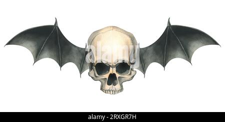 Frontansicht menschlicher Schädel mit schwarzen Fledermausflügeln für den Todestag und halloween. Aquarellzeichnung, handgezeichnet. Isolierte Zusammensetzung auf einem Weißen Stockfoto