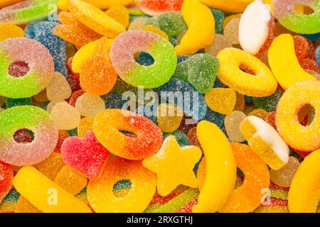 Verschiedene leckere Süßigkeiten. Draufsicht. Gelee-Süßigkeiten. Stockfoto
