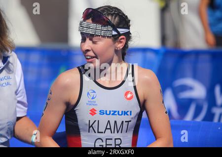 Pontevedra, Spanien. September 2023. Deutsche Triathletin Selina Klamt bei den U23-Frauen-Triathlon-Weltmeisterschaften 2023 am 24. September 2023 in Pontevedra, Spanien. (Foto: Alberto Brevers/Pacific Press/SIPA USA) Credit: SIPA USA/Alamy Live News Stockfoto