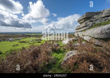 Felsformation nur einen kleinen Spaziergang vom Pork Hill-Parkplatz Dartmoor entfernt, nur ein wenig weiter von der Windy Post mit einem alten Steinkreuz Stockfoto