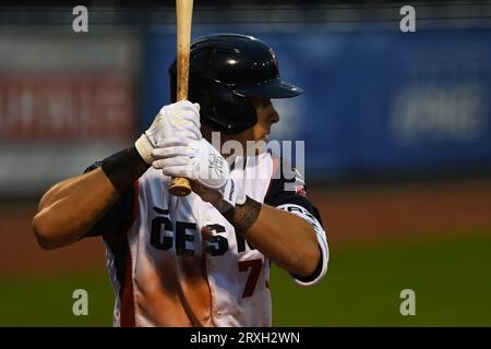 Ostrava, Tschechische Republik. September 2023 25. Marek Chlup aus der Tschechischen Republik in Aktion beim Baseball-Europameisterschaftsspiel Griechenland gegen Tschechien in Ostrava, Tschechische Republik, 25. September 2023. Quelle: Jaroslav Ozana/CTK Photo/Alamy Live News Stockfoto