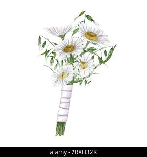 Ein Bouquet von weißen Wiesendaisies mit wilden Kräutern. Blumen für die Hochzeit im rustikalen Stil. Boutonniere, Braut, Bräutigam, Verlobung. Aquarellzeichnung Stockfoto