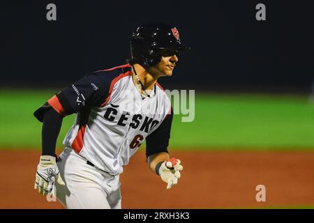 Ostrava, Tschechische Republik. September 2023 25. William Escala von Tschechien während des Baseball-Europameisterschaftsspiels Griechenland gegen Tschechien in Ostrava, Tschechische Republik, 25. September 2023. Quelle: Jaroslav Ozana/CTK Photo/Alamy Live News Stockfoto