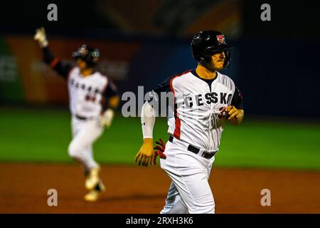 Ostrava, Tschechische Republik. September 2023 25. Matej Mensik aus Tschechien während des Baseball-Europameisterschaftsspiels Griechenland gegen Tschechien in Ostrava, Tschechien, am 25. September 2023. Quelle: Jaroslav Ozana/CTK Photo/Alamy Live News Stockfoto