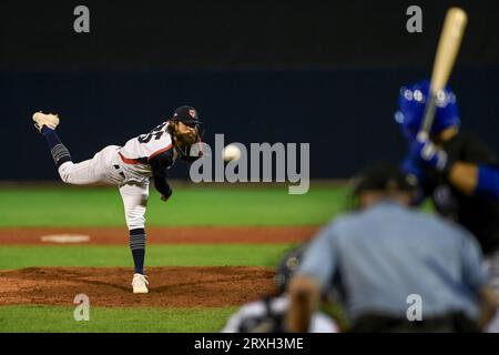 Ostrava, Tschechische Republik. September 2023 25. Ondrej Satoria of Czech Republic in Aktion während des Baseball-Europameisterschaftsspiels Griechenland gegen Tschechische Republik in Ostrava, Tschechische Republik, 25. September 2023. Quelle: Jaroslav Ozana/CTK Photo/Alamy Live News Stockfoto