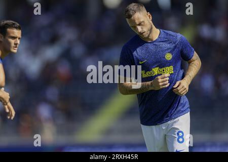 Empoli, Italien. September 2023. Inters österreichischer Stürmer Marko Arnautovic schaut während des Fußballspiels der Serie A zwischen Empoli Football Club und Football Club Internazionale Milano im Carlo Castellani Stadion Empoli am 24. September 2023. Quelle: Unabhängige Fotoagentur/Alamy Live News Stockfoto