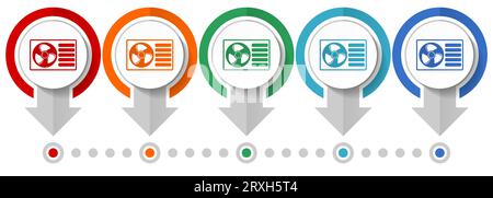 Erneuerbare Energien, Wärmepumpen-Vektorsymbolsatz, Infografikvorlage mit flachem Design, Symbole für das Zeigerkonzept in 5 Farboptionen für Webdesign und mobiles A Stock Vektor