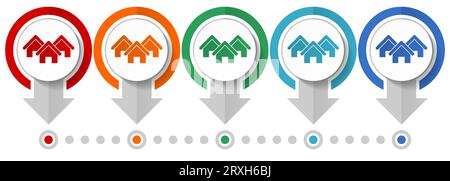 Startseite, Haus, Immobilienvektor Symbolset, flache Design Infografik Vorlage, Set Pointer Concept Symbole in 5 Farboptionen für Webdesign und mobile App Stock Vektor