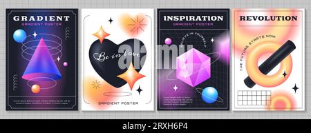 Vektorplakatvorlage mit bunten realistischen geometrischen 3D-Formen. Moderne Banner mit Objekten unterschiedlicher Form, lineare abstrakte Elemente und funkelnde Farbverläufe auf verschwommenem Hintergrund. Stock Vektor