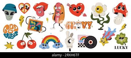 Farbenfrohe Aufkleber im Retro-Stil mit lustigen Comic-Figuren. Grooviger Hippie der 70er Jahre im Vintage-Stil. Psychedelische Designelemente. Cartoon Regenbogen, Blume, Herz, Regenbogen, Frieden, Kirsche, Alien und Pilze. Stock Vektor