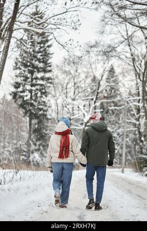 Vertikale Rückansicht des jungen Paares, das im Winterwald spaziert und die Hände hält Stockfoto