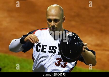 Ostrava, Tschechische Republik. September 2023 25. Matej Mensik aus Tschechien während des Baseball-Europameisterschaftsspiels Griechenland gegen Tschechien in Ostrava, Tschechien, am 25. September 2023. Quelle: Jaroslav Ozana/CTK Photo/Alamy Live News Stockfoto