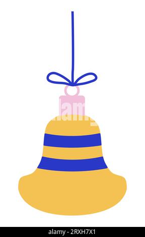 Weihnachtsbaumdekorationsspielzeug, gelbe Glocke oder Klingel mit blauen Streifen, Hängen an Seil, Winterferien Design, Vektorillustration Stock Vektor