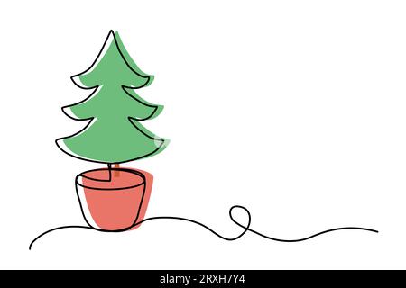Weihnachtsbaum im Topf, Strichgrafik mit Farbhintergrund, durchgehende Strichvektorillustration Stock Vektor