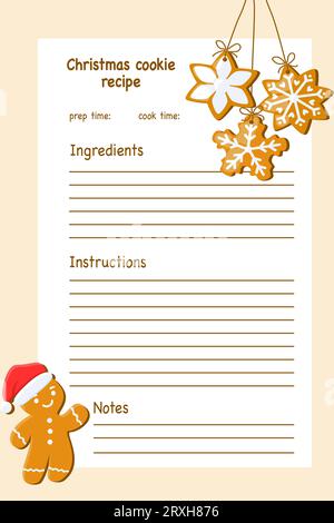 Leere Vorlagenkarte für Weihnachtskeksrezept mit niedlichem Lebkuchenmann-Charakter, Vektorillustration Stock Vektor