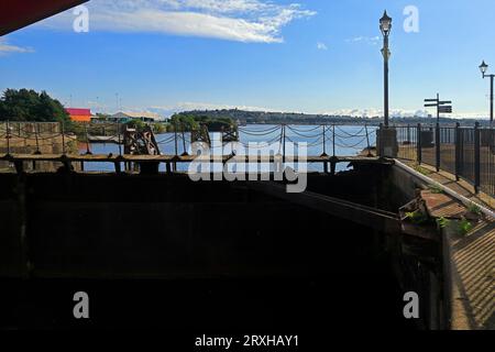 Stillgelegter Holzsteg mit Kettenzäunen an einem alten Schleusentor, das vom Roath Basin in die Cardiff Bay führt. Alte Cardiff Docks. Cardiff Bay, September 2023 Stockfoto