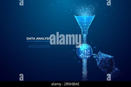 Abstrakter Trichter mit Datenstrom und Hand mit Vergrößerung Stock Vektor