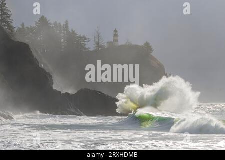 Der Morgennebel verstärkt die dramatische Schönheit der Wellen, die in die Klippen des Cape Desappointment Lighthouse an der Mündung des Columbia River stürzen... Stockfoto