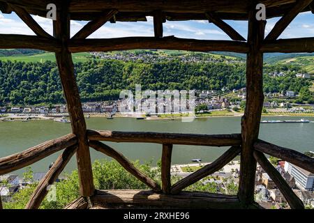 Dreiburgenblick Aussichtspunkt über den Rhein bei St. Goar. Berühmter deutscher Aussichtspunkt im Rheintal. Stockfoto