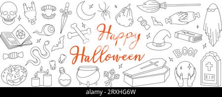 Halloween Umrissset. Alles Gute Zu Halloween. Giftflasche, Zaubertopf, Kristallkugel, altes Grab, Sarg, unheimliche Kürbisse, Messer, Fledermaus, Schlange. Trick oder Belohnung. Stock Vektor