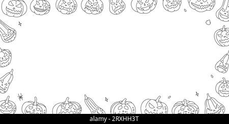 Kürbisse Gruselgesichter horizontales Banner. Halloween Kürbisgesichter umrissen Illustration. Herbstliche halloween-Kürbisse. Vektorillustration. Stock Vektor