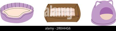 Haustierbetten, Schlafkissen. Tierzubehör, Haustierbedarf. Vektorillustration. Stock Vektor