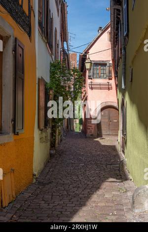 Die Weinstraße. Blick auf eine typische bunte Straße in der Innenstadt mit Weinbergen im Hintergrund Stockfoto