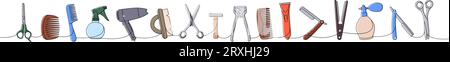 Friseurwerkzeugen, einzeilige, farbige, durchgehende Zeichnung. Schere, Kamm, Haartrockner, Bürste, Rasierer, elektrischer Haarschneider, Rasierklinge, Parfüm Stock Vektor