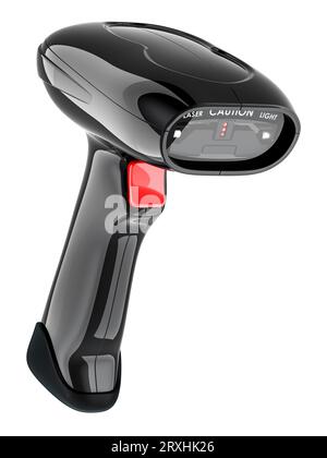 Strichcode-Lesegerät. Tragbarer Laser-Barcode-Scanner, 3D-Rendering isoliert auf weißem Hintergrund Stockfoto