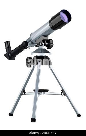 Teleskop mit stabilem Stahlstativ, Astronomisches Refraktor-Teleskop, 3D-Rendering isoliert auf weißem Hintergrund Stockfoto
