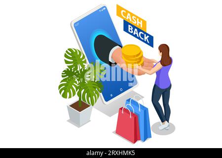 Isometrischer Cash-Back-Service, finanzielle Zahlung, Treuepunkte. Stock Vektor