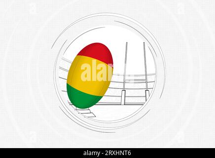 Mali-Flagge auf dem Rugby-Ball, gefütterte Kreis-Rugby-Ikone mit Ball in einem überfüllten Stadion. Vektorsport-Emblem auf abstraktem Hintergrund. Stock Vektor