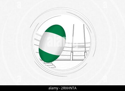 Nigerias Flagge auf dem Rugby-Ball, gefütterte Kreis-Rugby-Ikone mit Ball in einem überfüllten Stadion. Vektorsport-Emblem auf abstraktem Hintergrund. Stock Vektor