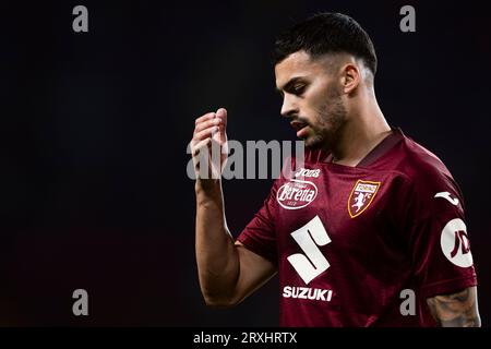 Nemanja Radonjic vom FC Turin sieht während des Serie-A-Fußballspiels zwischen dem FC Turin und AS Roma deprimiert aus. Stockfoto