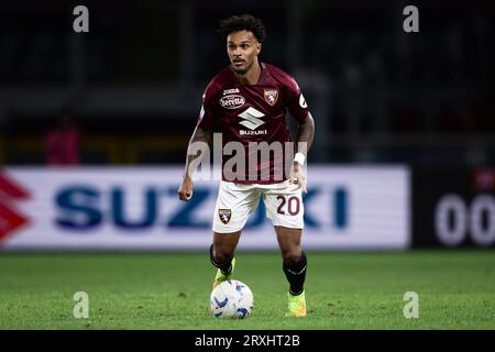 Valentino Lazaro vom FC Turin in Aktion während des Fußballspiels der Serie A zwischen dem FC Turin und AS Roma. Stockfoto