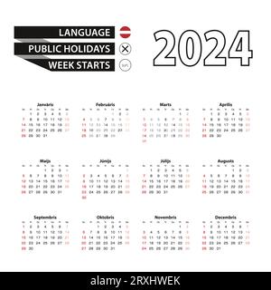 2024 Kalender in Lettischer Sprache, Woche beginnt am Sonntag. Vektorillustration. Stock Vektor