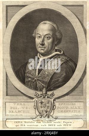 1775 Ca , ROMA , ITALIEN : Papst PIUS VI ( Papa PIO , 1717 - 1799 ), Bor Graf Giovanni Angelo oder Giannangelo BRASCHI . War der 250 . Papst der Katholischen Kirche , gewählt am 15 . februar 1775 . Sohn des Grafen Marco Aurelio Tommaso Braschi und der Gräfin Anna Teresa Bandi. Pius VI. Verurteilte die Französische Revolution. Französische Truppen unter Napoleon Bonaparte besiegten die päpstliche Armee und besetzten 1796 die päpstlichen Staaten. 1798, als er sich weigerte, auf seine zeitliche Macht zu verzichten, wurde Pius gefangen genommen und nach Frankreich transportiert. Er starb 18 Monate später in Valence. Porträt von Christian Stockfoto