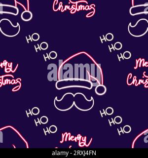 Neon Christmas Seamless Pattern, leuchtende Weihnachtsbärte und Hut Illustration. Leuchtendes Desktop-Symbol, Neon-Aufkleber, Neon-Figur, leuchtende Figur, Neon Stockfoto