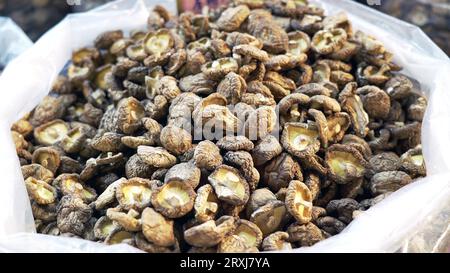 Stapel getrockneter Shiitake-Pilze in einem großen Beutel, der auf dem traditionellen Markt verkauft wird Stockfoto