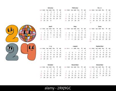 Kalender 2024, Wochenbeginn Sonntag. Vorlage für Unternehmensplaner im Retro-Stil. Horizontales Design. Vektor-Illustration. Stock Vektor