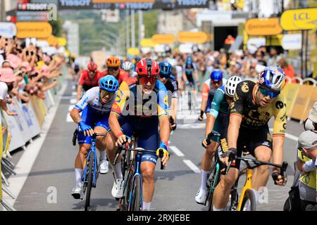 Limoges, Frankreich. Juli 2023. Mads Pedersen vom Lidl-Trek-Team gewinnt die 8. Etappe der Tour de France 2023 Libourne-Limoges in Limoges. Limoges, Stockfoto