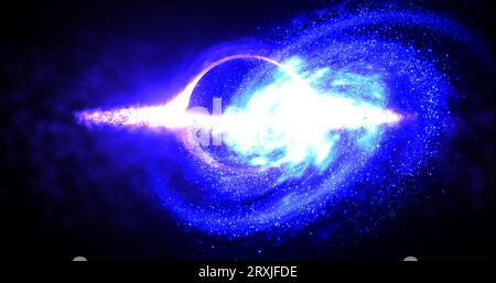 Helles schwarzes Loch im Freien mit sich drehenden Energiepartikeln, kosmische Kugel in blau und lila leuchtender abstrakter Hintergrund. Stockfoto
