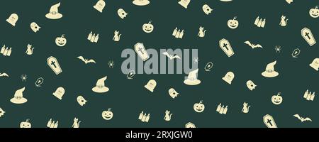 Halloween Web Banner Hintergrund mit Kerzen, Fledermäuse, eine Hand mit Blut, ein Hexenhut, Katze Hintergrund Vektor Illustrator Design. Stock Vektor